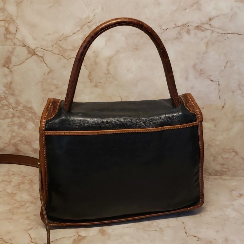 Brahmin vintage satchel crossbody black leather brown embosed croc trim …
